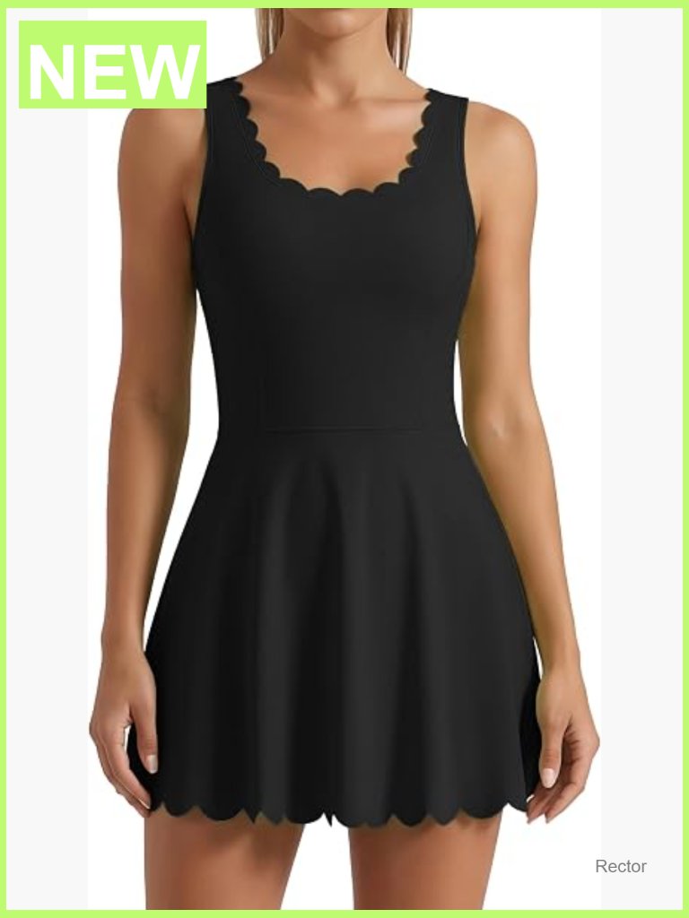 Tennis Dress With Shorts & Pockets Athletic Golf Dress Scalloped Sleeveless
